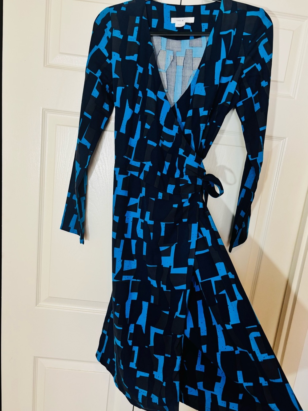 SKFK Skunkfunk Wrap Dress Blue Geometric Abstract Print V-Neck  Long Sleeve US 6
